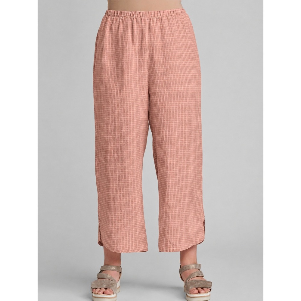 Flax Airy Floods Linen Pants Apricot Gingham Elastic Waist Wide Leg Medium